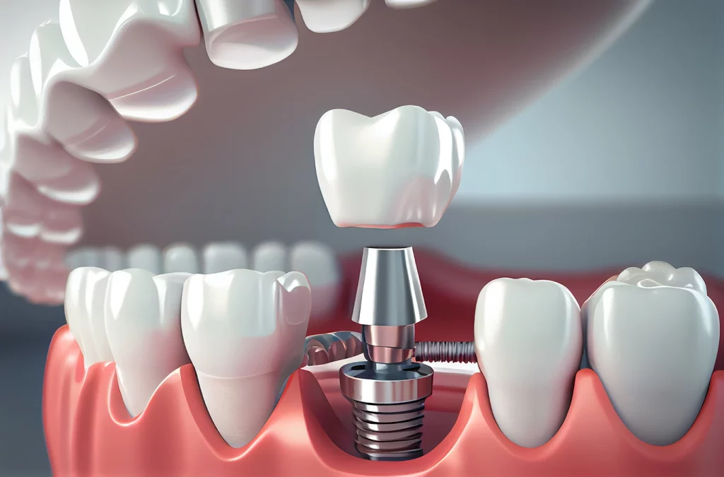 A dental implant with natural-looking replacement for a missing tooth.